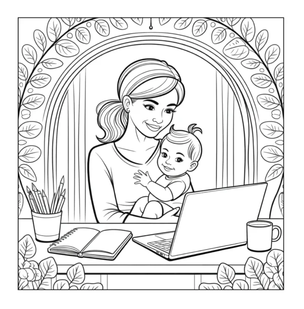 Mother Working From Home Mother holding baby at computer desk.