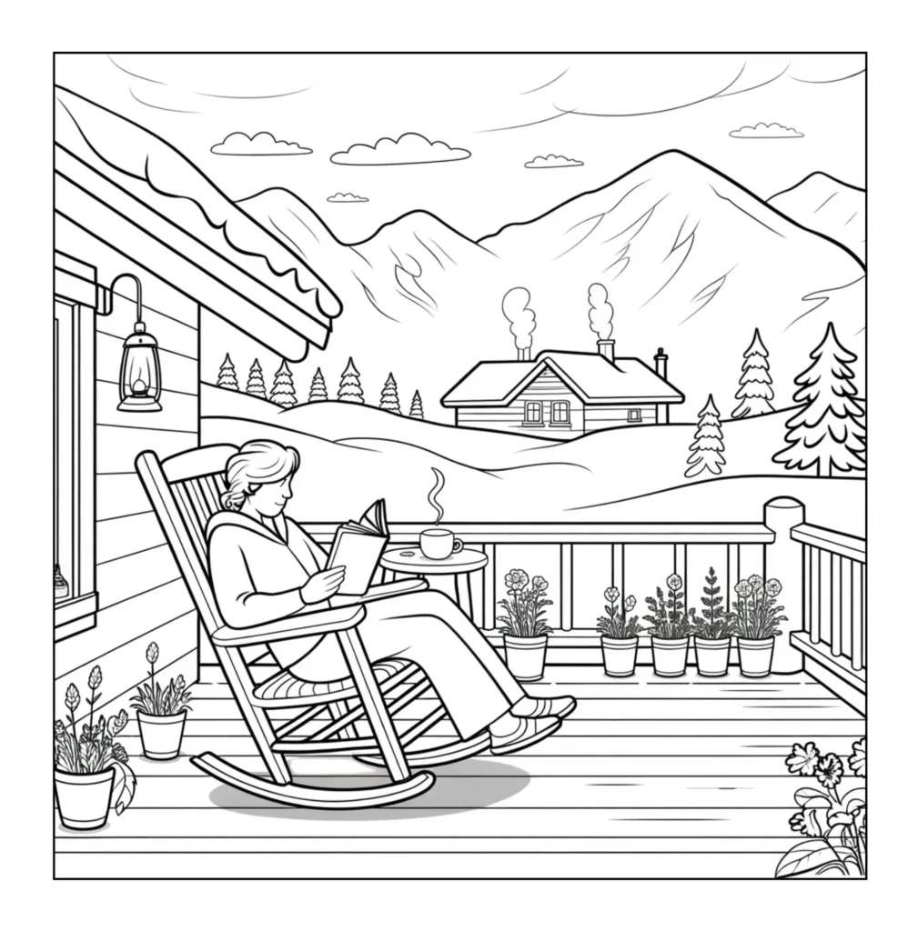 Person reading book on mountain porch.