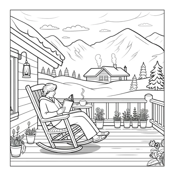 Person reading book on mountain porch.