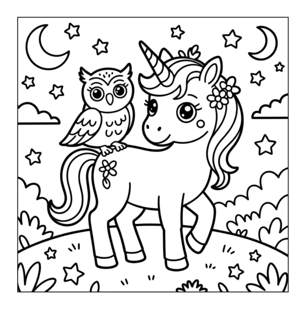 Owl And Unicorn Cute owl resting on a unicorn.