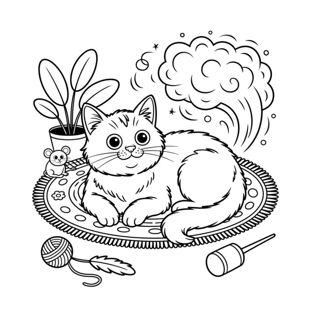 Cute cat farting on round rug.

