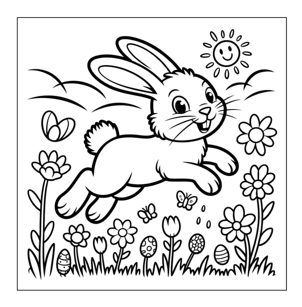 Bunny jumping through spring flowers