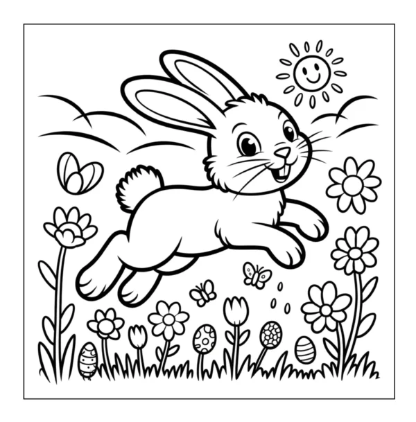 Bunny jumping through spring flowers
