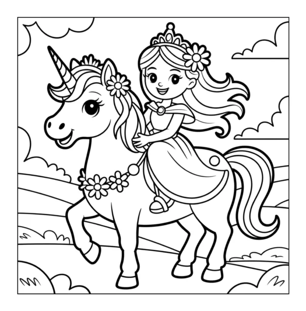 Princess Riding Unicorn Happy princess riding a cute unicorn.