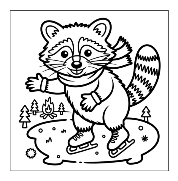 Raccoon ice skating on a pond.