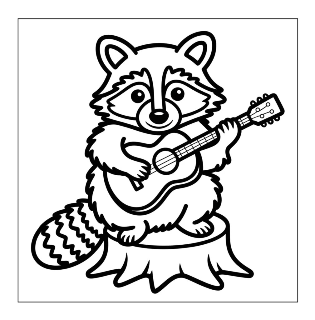 Raccoon playing guitar on a stump.
