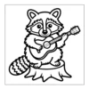 Raccoon playing guitar on a stump.
