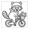 Raccoon riding a bicycle with flowers.