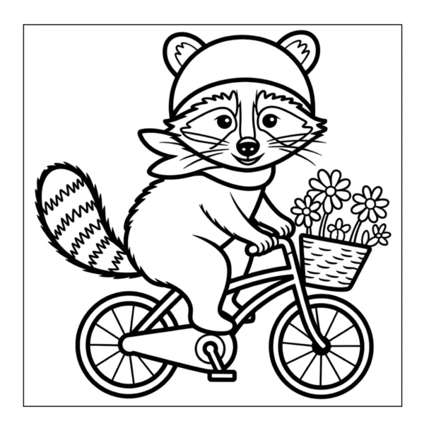 Raccoon riding a bicycle with flowers.