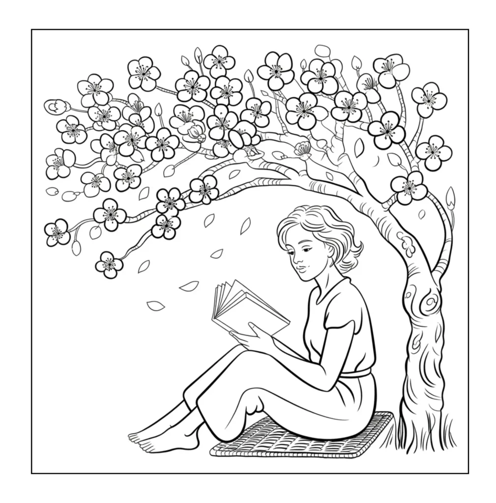 Woman reading under a sakura tree