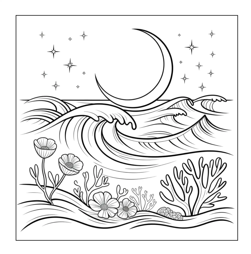 Crescent moon shining over ocean waves