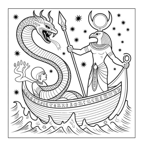 Serpent and Pharaoh Boat Pharaoh fighting giant snake in boat.