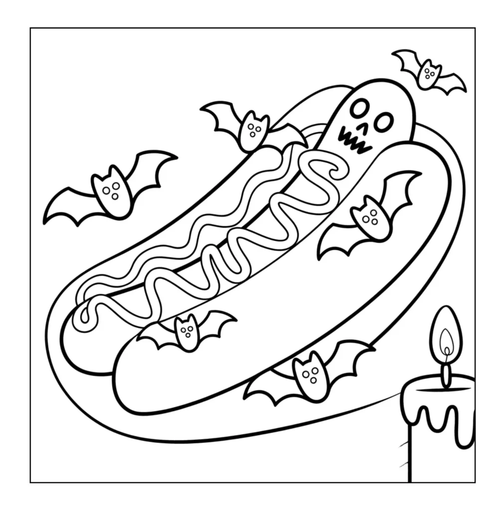 Ghostly hot dog with flying bats.
