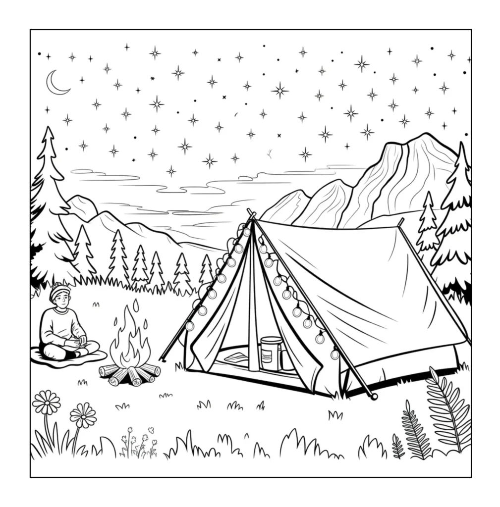 Camper sitting by fire near tent