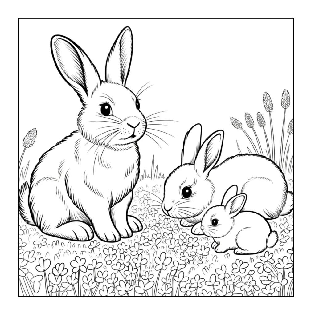 Three bunnies sitting in a field.