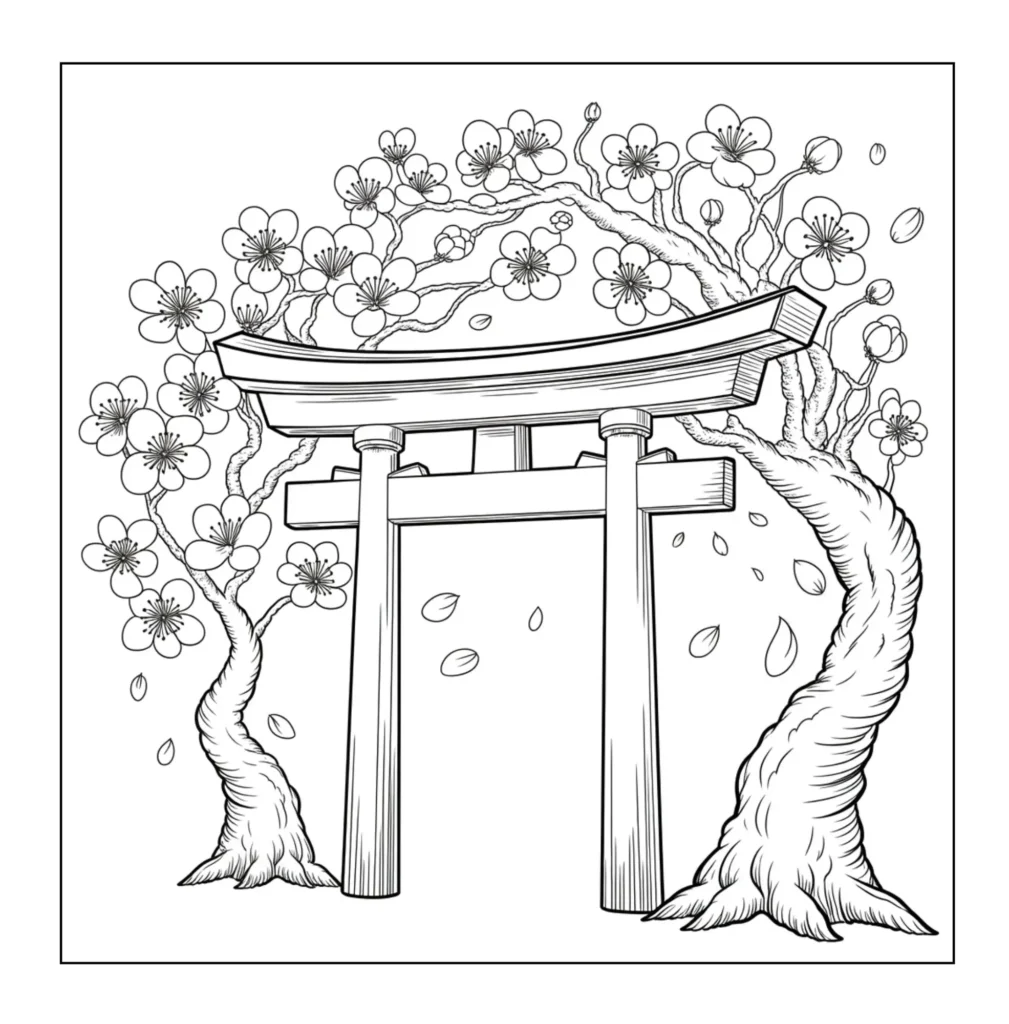 orii gate framed by sakura trees.