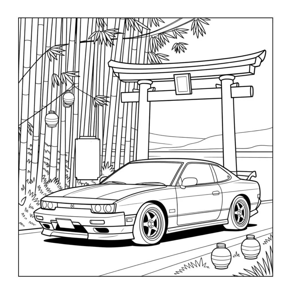 Sports car parked near Torii gate.
