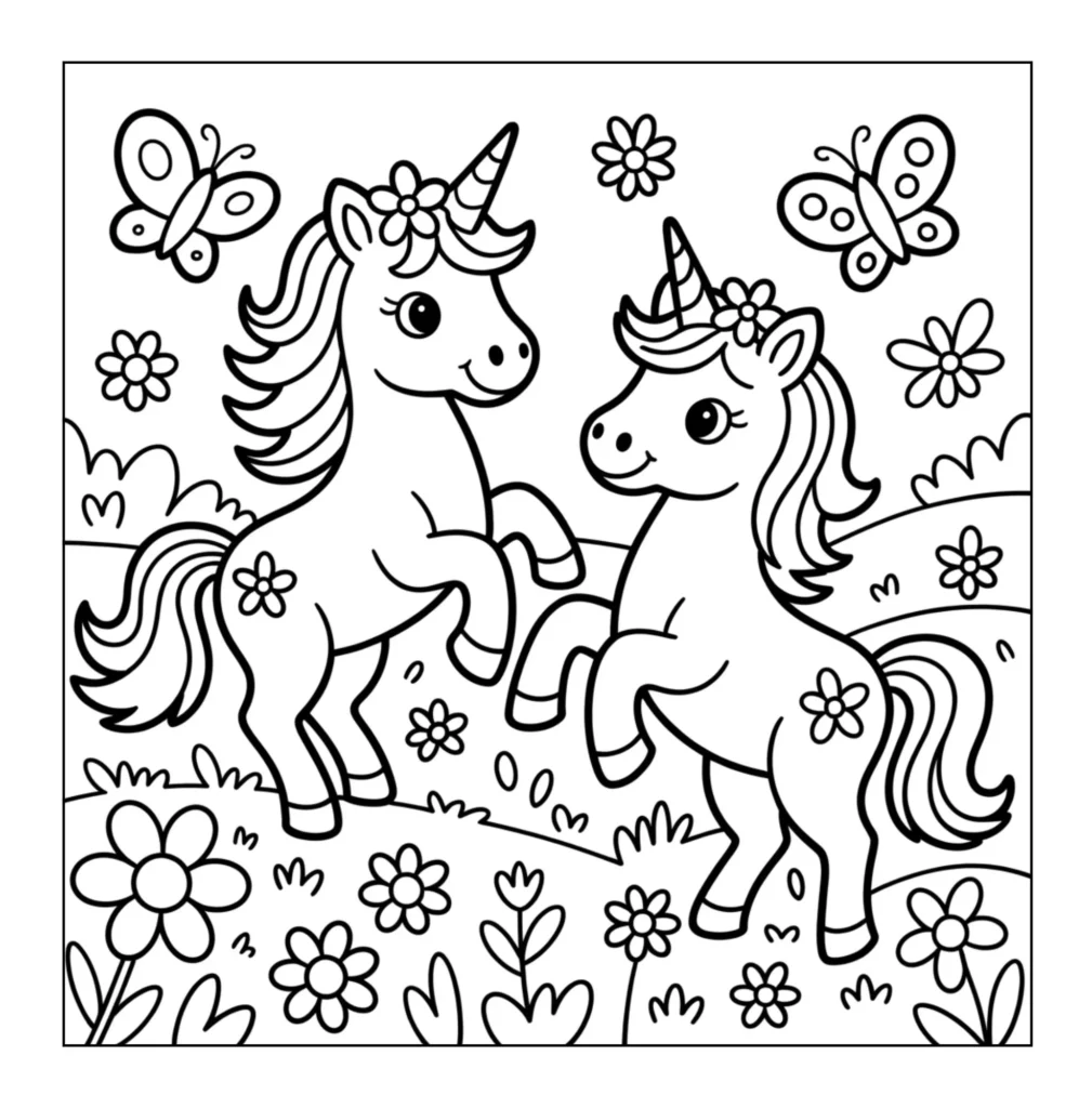 Two cute unicorns playing in flowers.