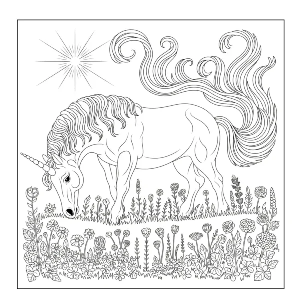 Unicorn eating flowers in a field.
