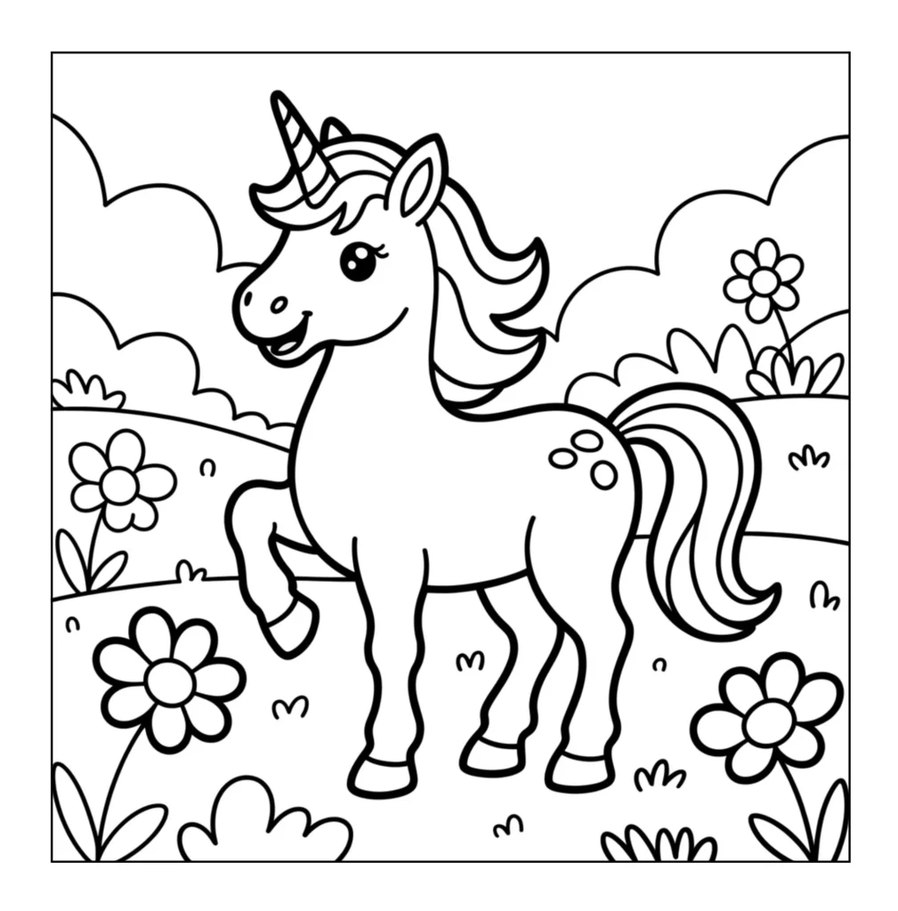 Cute unicorn standing in a meadow.