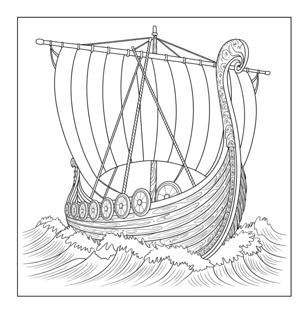 Viking ship sailing through rough water.