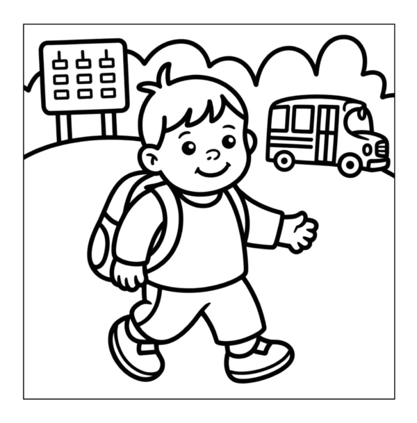 Walking To School Boy walking towards the school bus.
