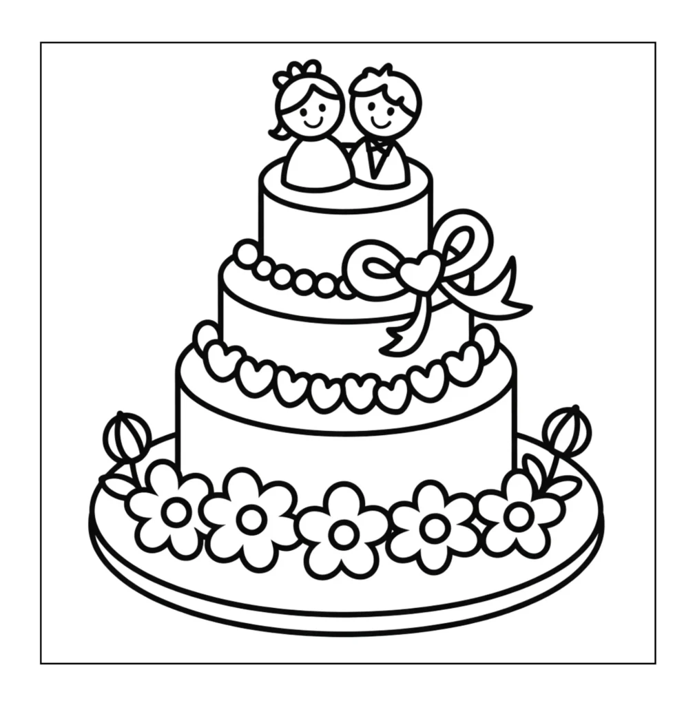  Three-tiered wedding cake with cute toppers.
