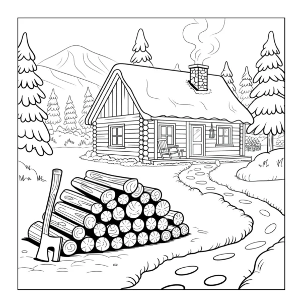 Log cabin with chopped firewood pile