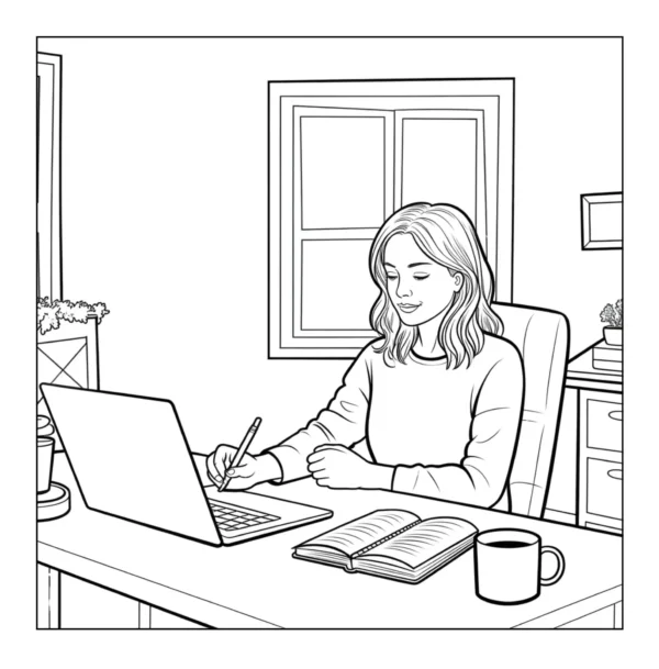 Working At Laptop Woman working on laptop at desk.