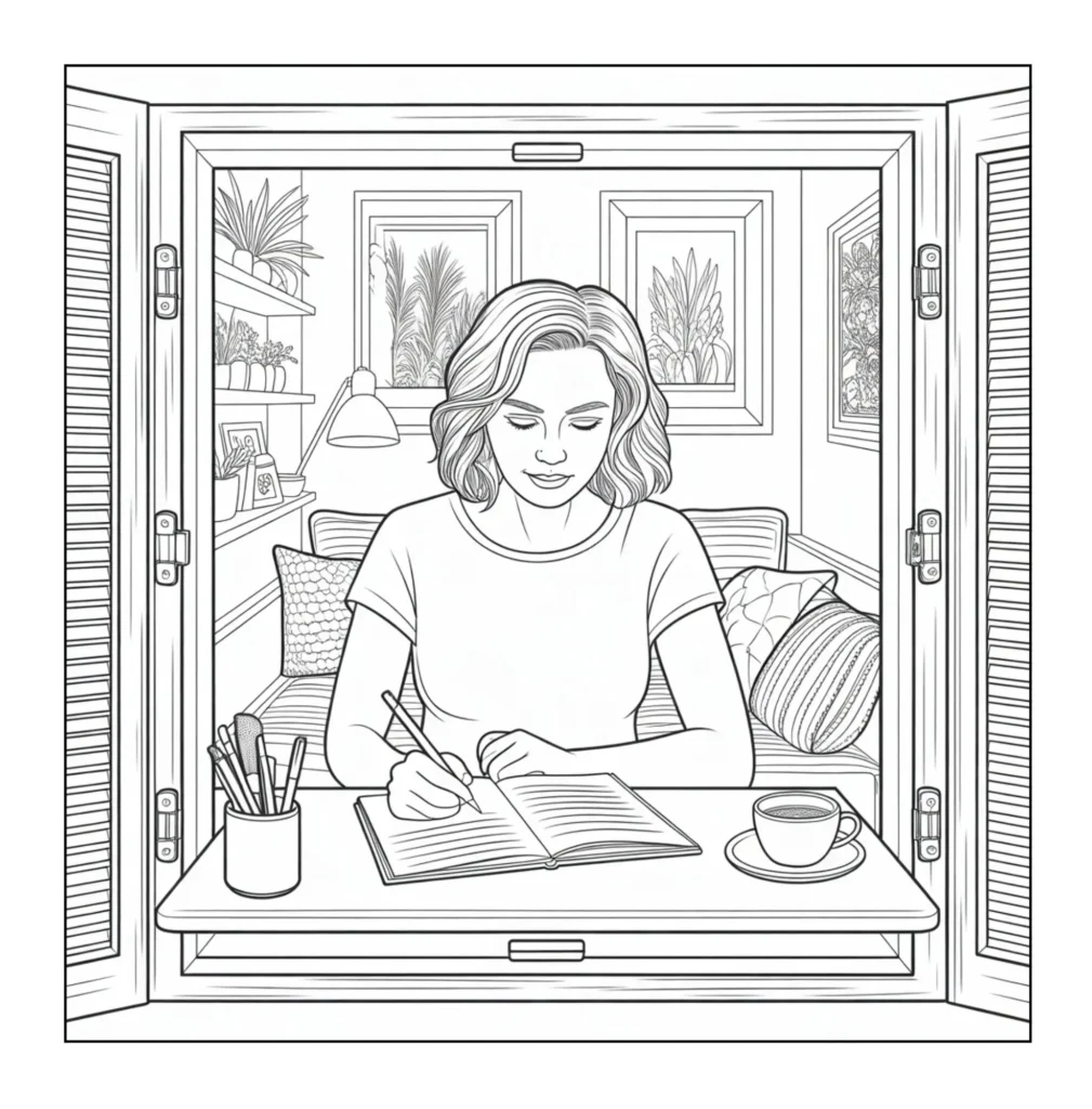 Woman writing in journal by window