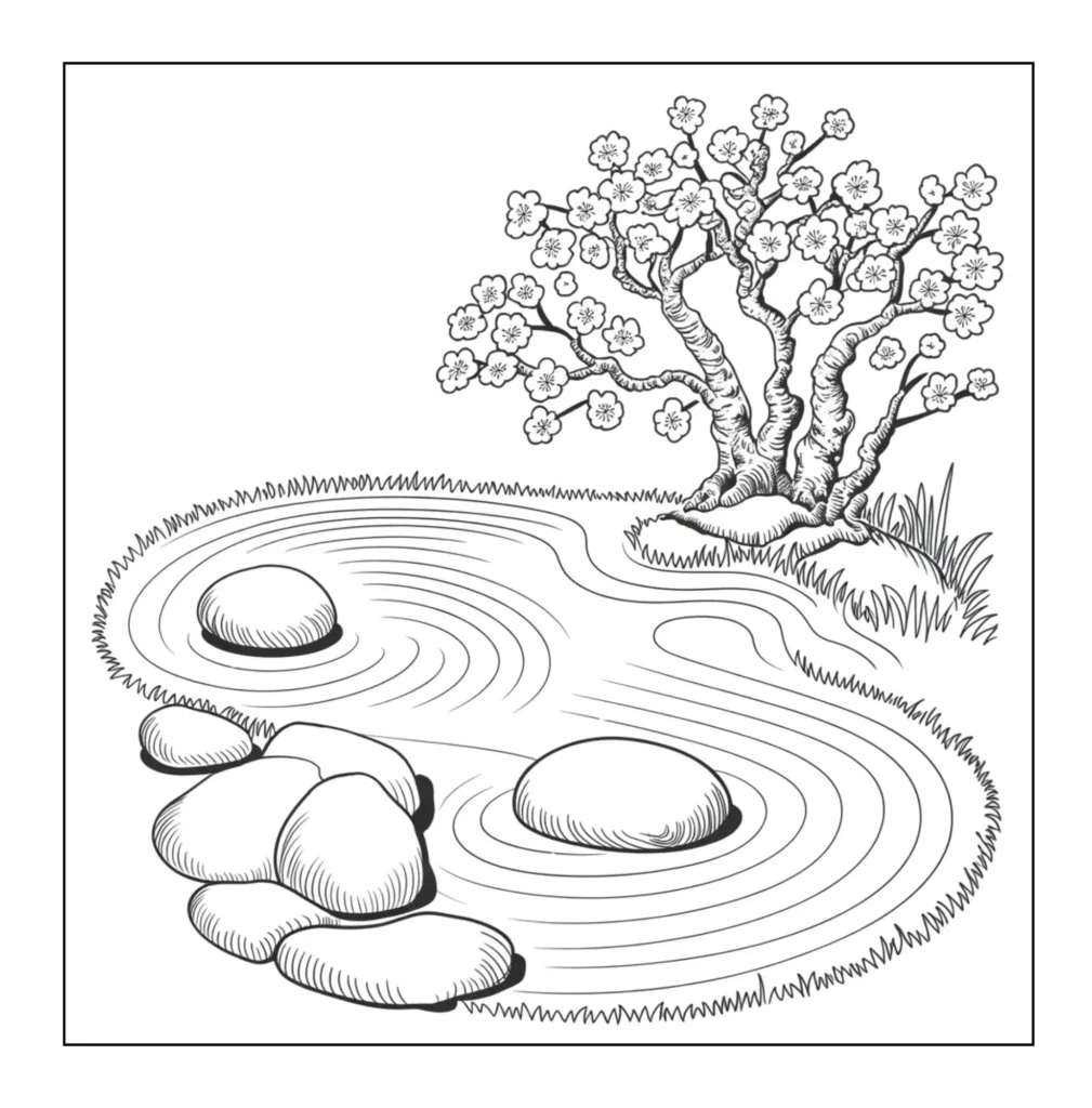 Zen garden with rocks and tree.