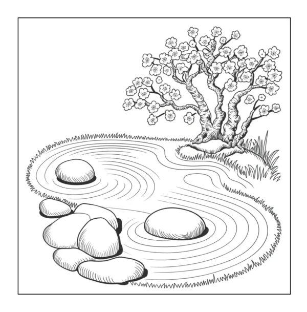 Zen garden with rocks and tree.