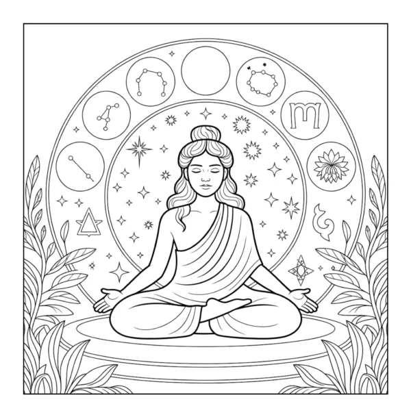 Zodiac Buddha Meditating woman surrounded by zodiac symbols