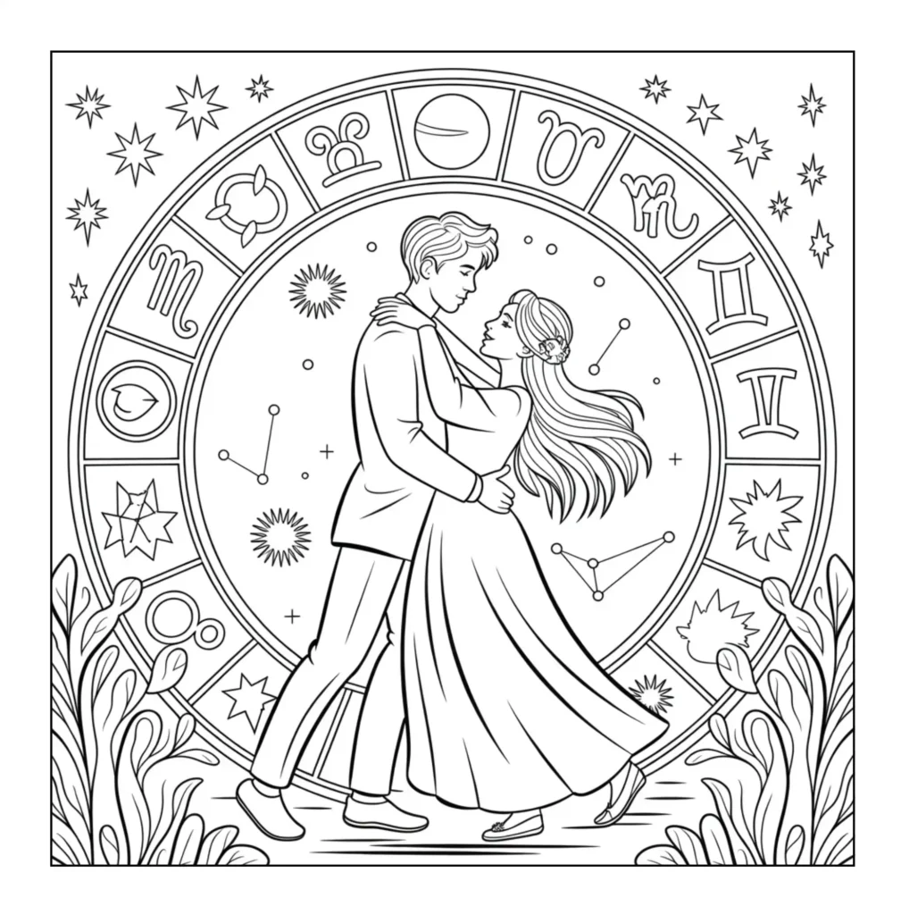 Couple dancing inside a zodiac wheel