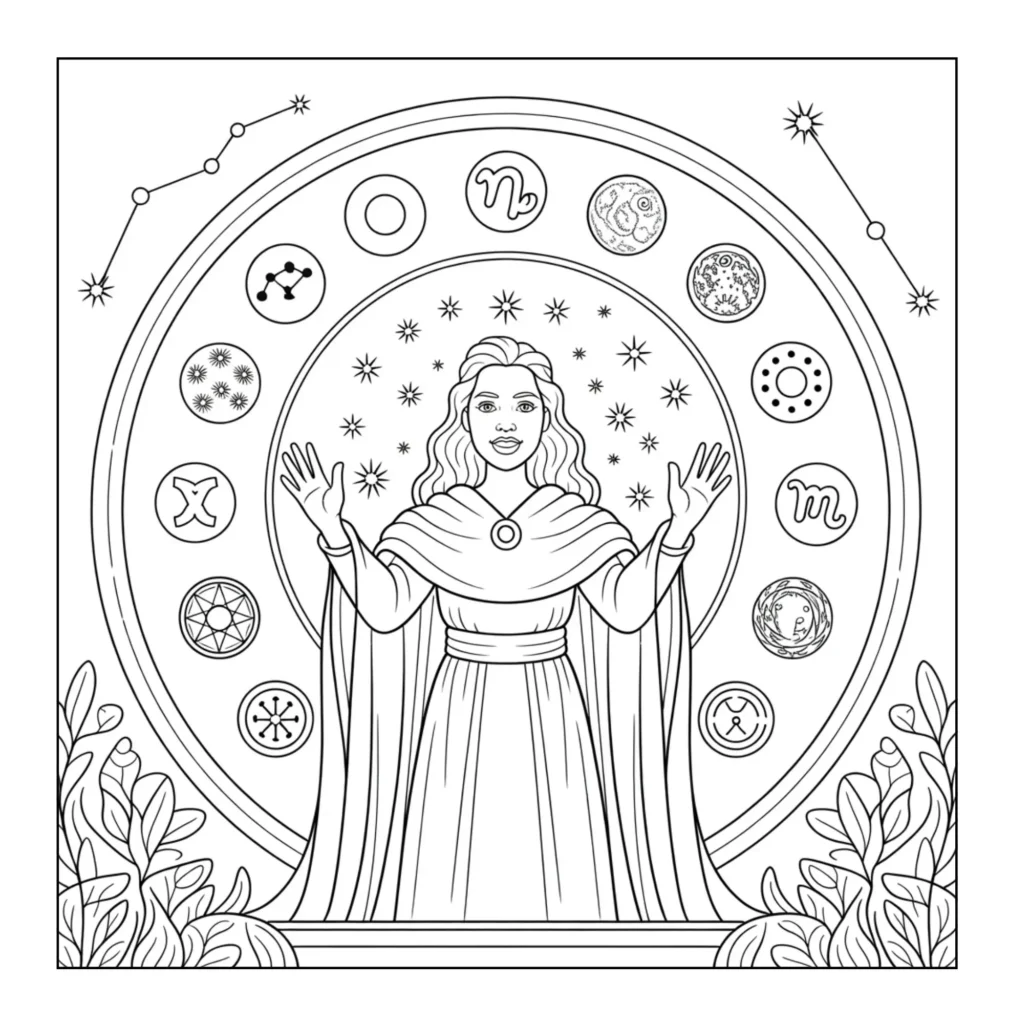 Woman standing in front of zodiac