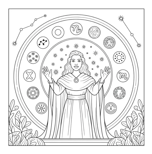 Zodiac Star Maiden Woman standing in front of zodiac