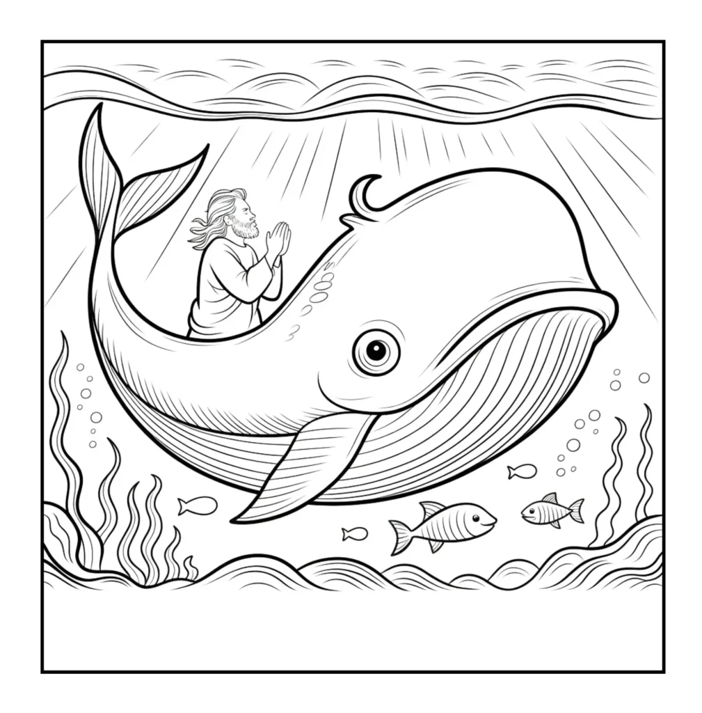 Jonah praying on a swimming whale.