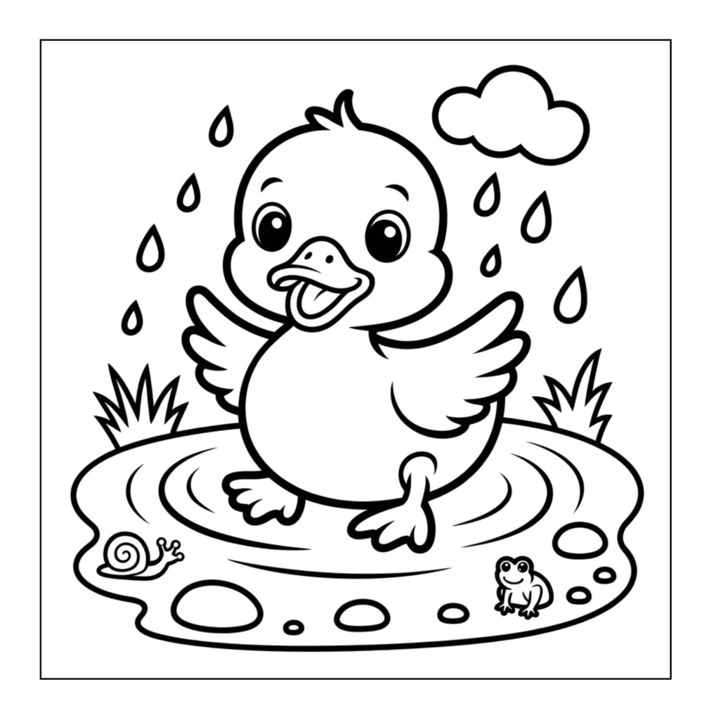 Duckling splashing in water puddle