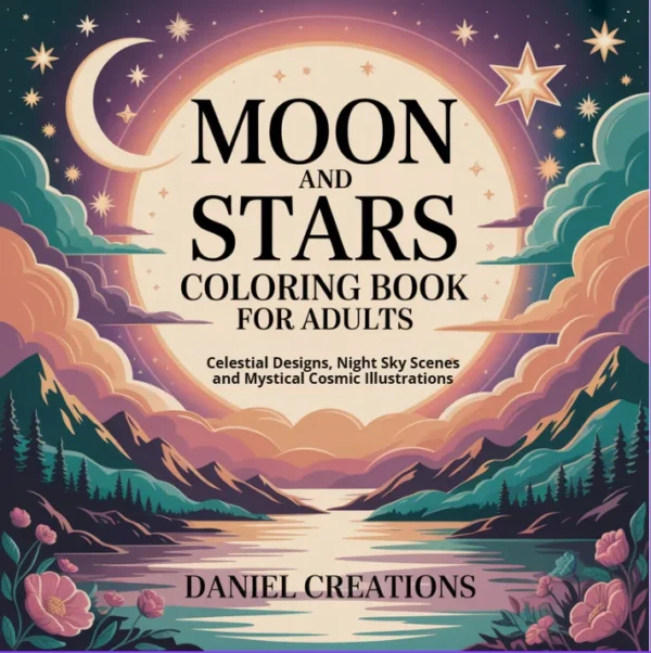 Moon and Stars Coloring Book for Adults cover — 40 printable pages