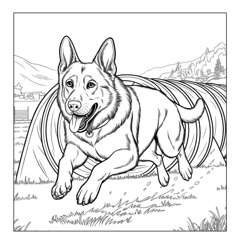 German Shepherd running through tunnel.