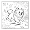 Playful dog running through autumn leaves.