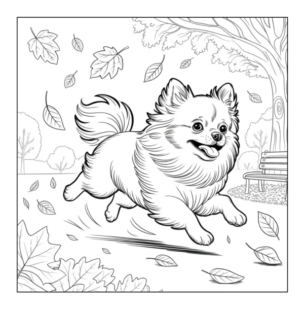 Playful dog running through autumn leaves.