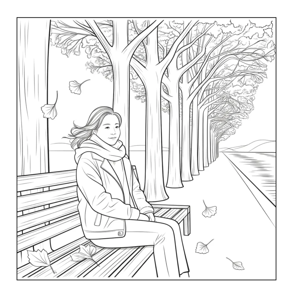 Woman sitting on autumn park bench.