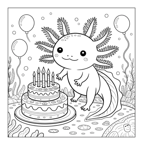Axolotl celebrating with birthday cake.