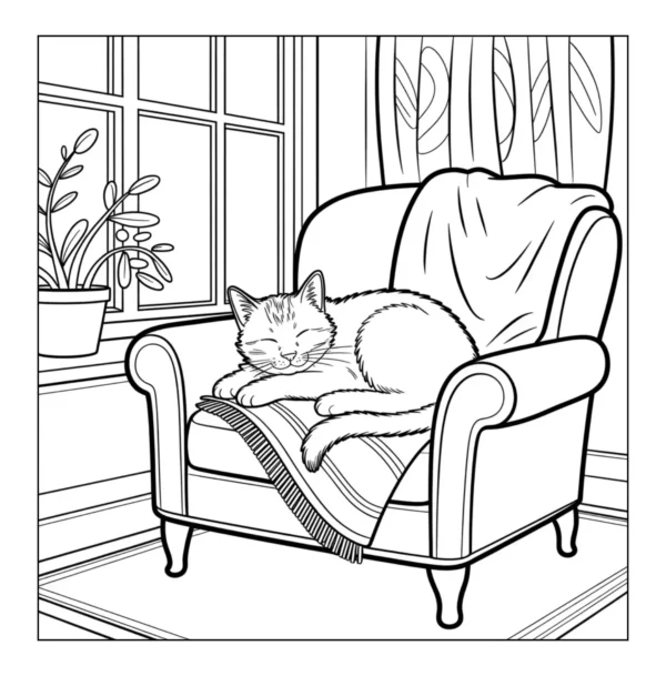 Cozy Chair Nap Cat sleeping in a cozy chair.