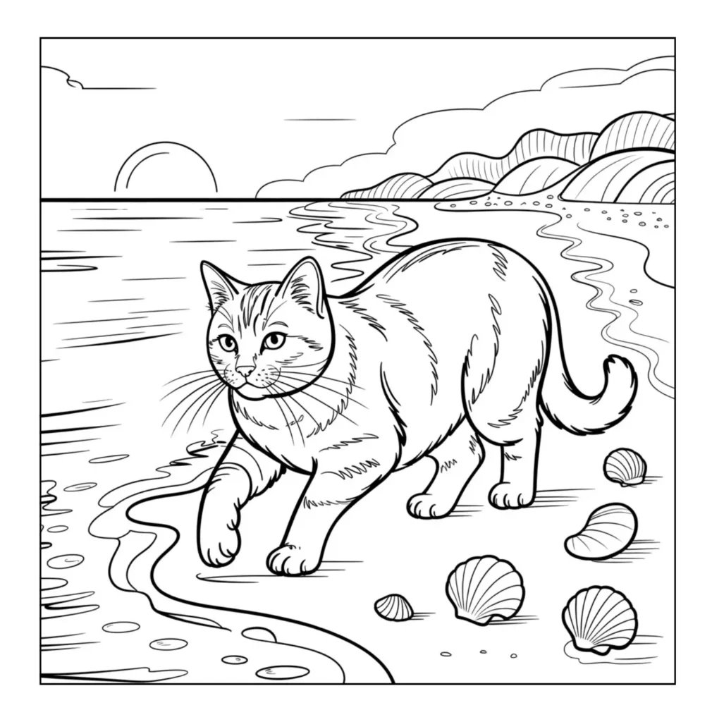 Cat walking on a sandy beach.