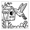 Birdhouse Hummingbird Scene Hummingbird flying near a birdhouse.