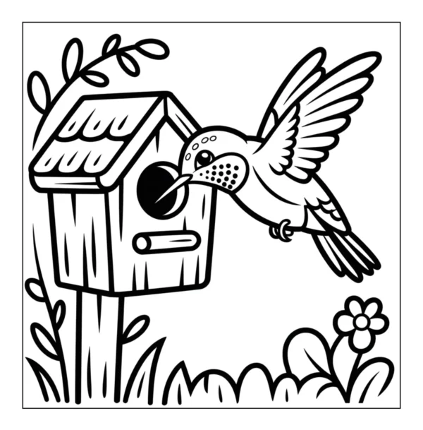 Birdhouse Hummingbird Scene Hummingbird flying near a birdhouse.