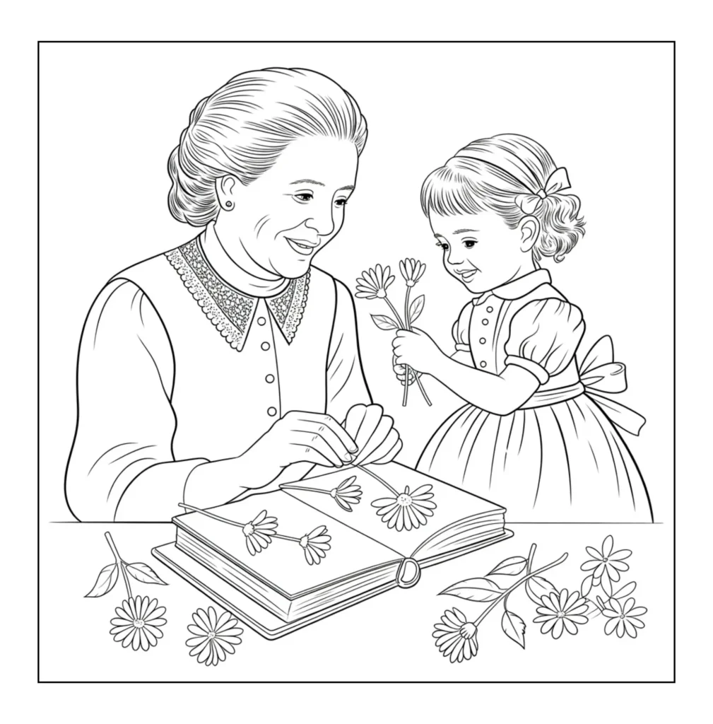 Woman and child pressing flowers.