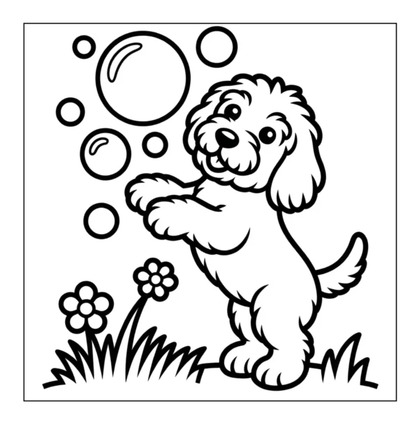 Puppy reaching for floating bubbles.